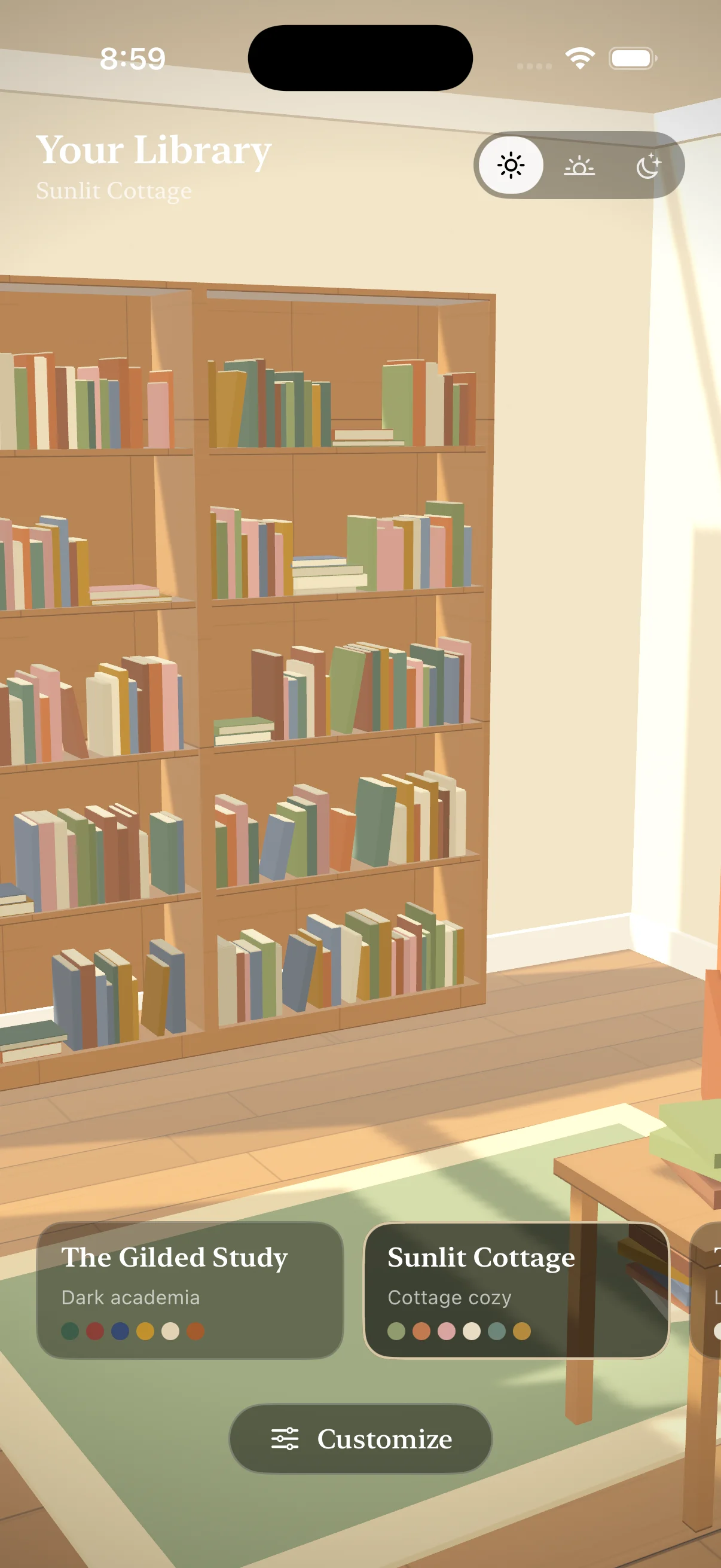 Bookery room view in the Sunlit Cottage theme with a full wall of softly colored bookshelves