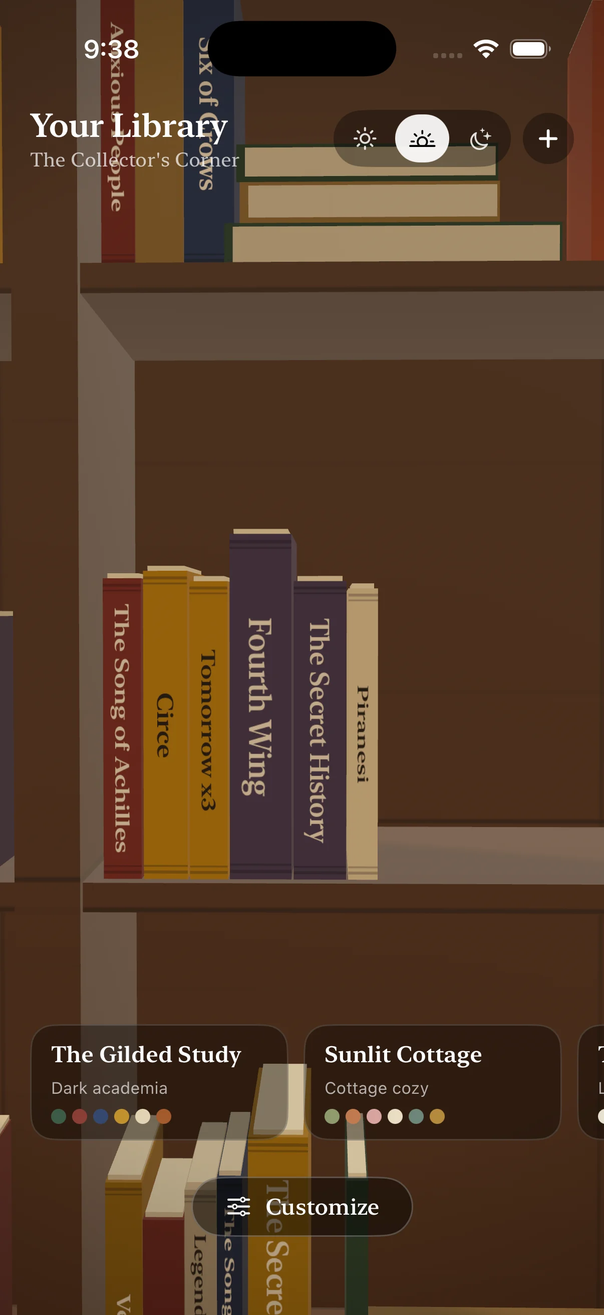 Bookery close view of rendered books arranged on a wooden shelf with titled spines