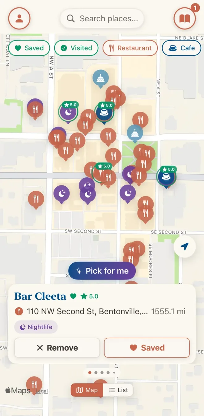 The Rex map with saved, visited, restaurant, and cafe filters, pins across a downtown, and a saved place card for Bar Cleeta