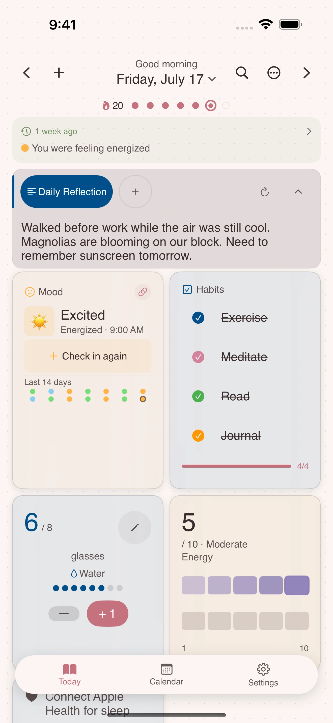 A Vivid daily page combining reflection, mood, habits, water, energy, and sleep